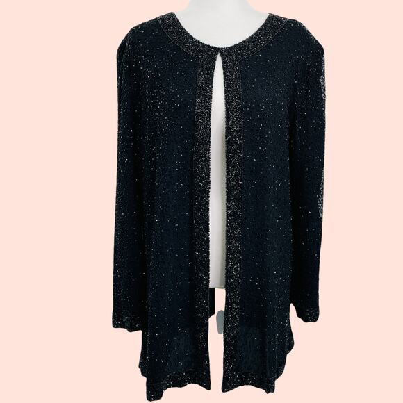 Vintage Black 100% Silk Beaded Collarless Long Sleeves Lined Jacket Size M/L - Picture 12 of 12